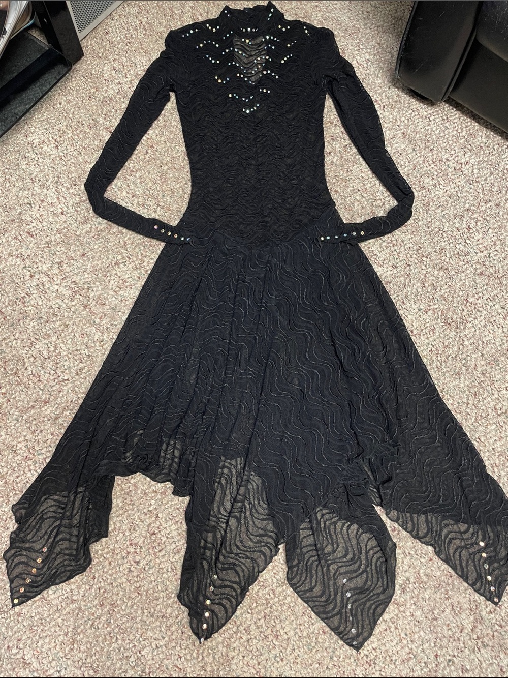 Vintage Black sheer lace long-Sleeve Austrian crystal studded leotard Dress - Picture 1 of 14